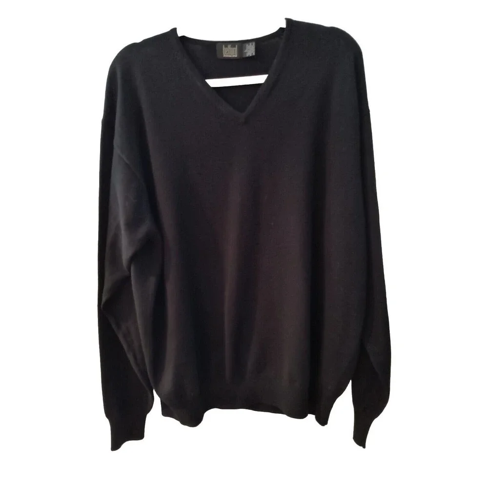 Belford 100% Extra Fine Merino Wool V-neck Long Sleeve Black Sweater Men's Sz L